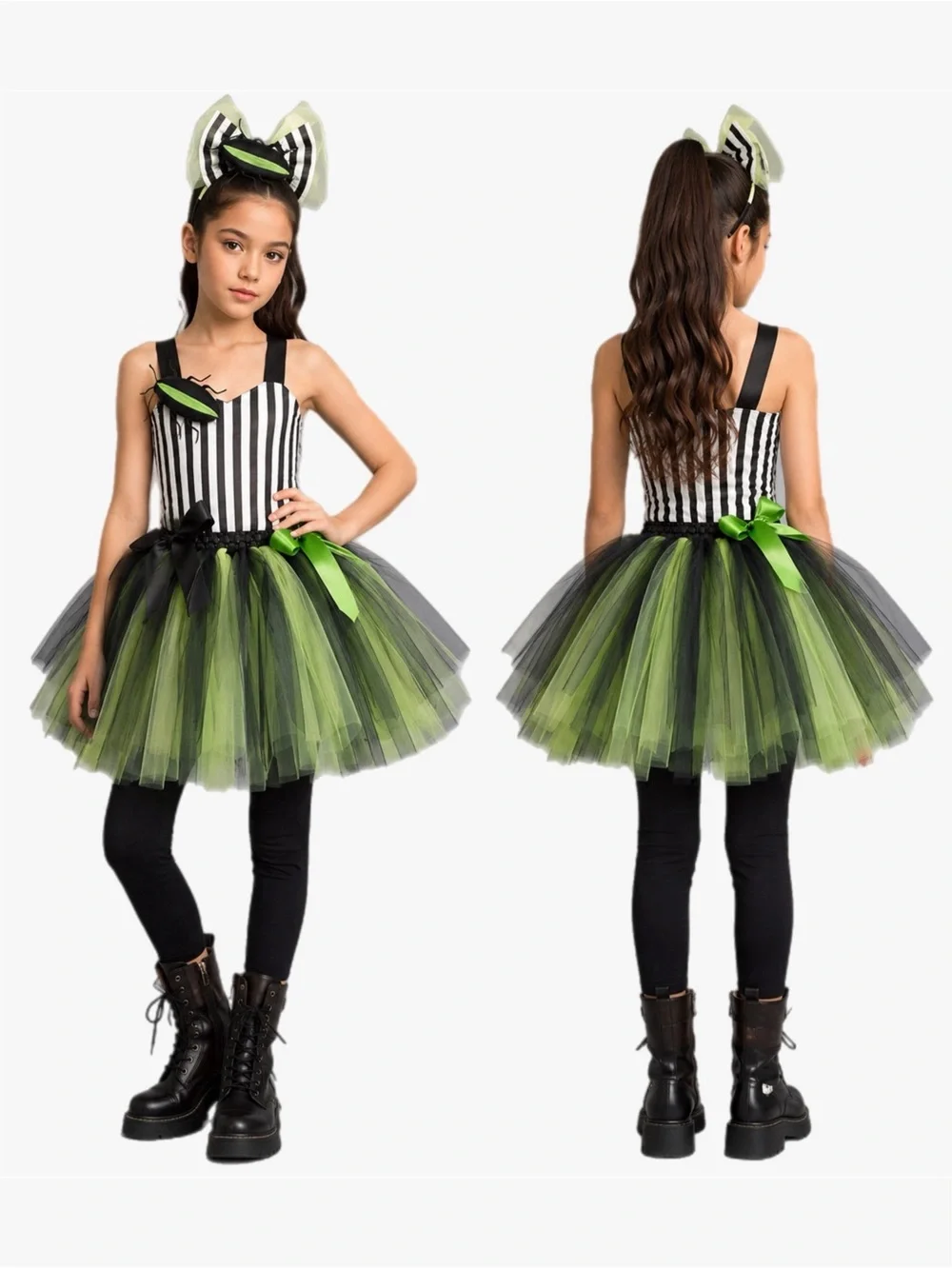 Beetlejuice Girls Size Medium Age 9 10 Striped Black & Lime Green Tutu Costume